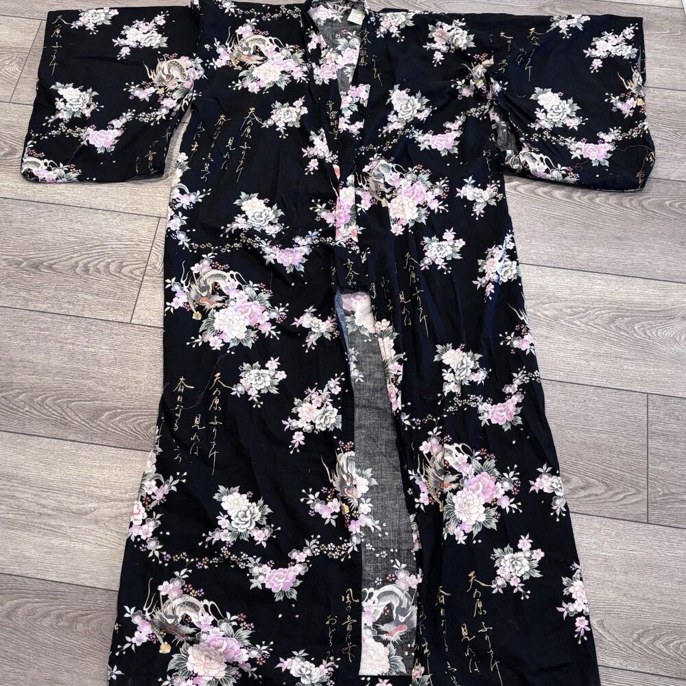 Vintage Japanese Robe‎ Kimono Juguemm Black Print Dragon Pink Flowers Japan